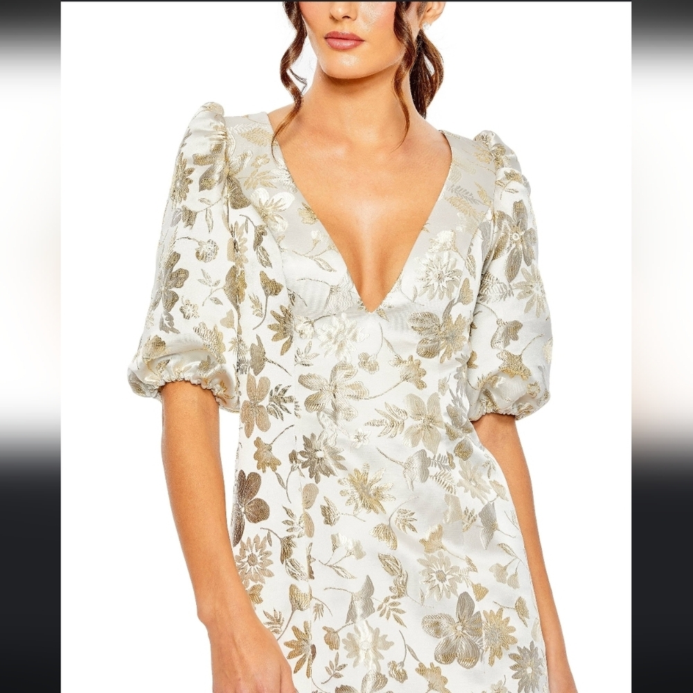 Mac Duggal White and Gold Floral Puff Sleeve Mini Dress - Picture 3 of 14